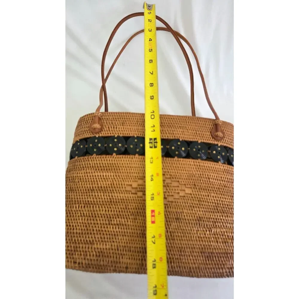 Vintage Handwoven Rattan Purse with Fabric interior, Leather Straps - Picture 6 of 7